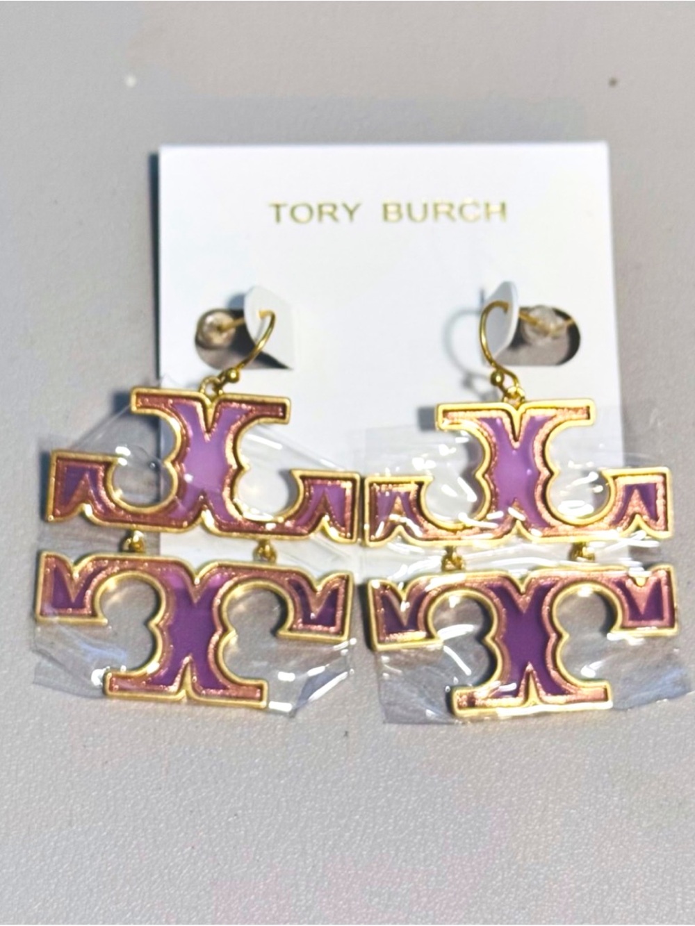NWT Tory Burch Gold & Purple Enamel Double T Articulated Gold Logo Drop Earring